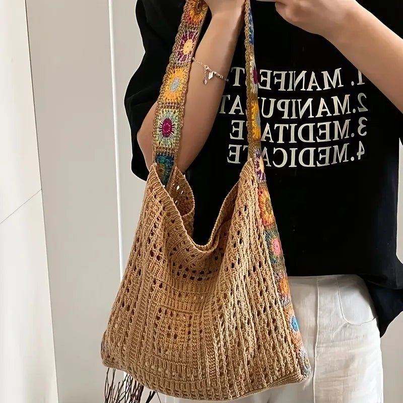 Dawndesslo Boho Crochet Bag Floral Knitted Handbag With Large Capacity