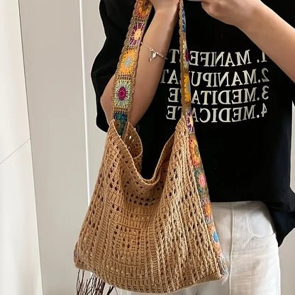 Dawndesslo Boho Crochet Bag Floral Knitted Handbag With Large Capacity