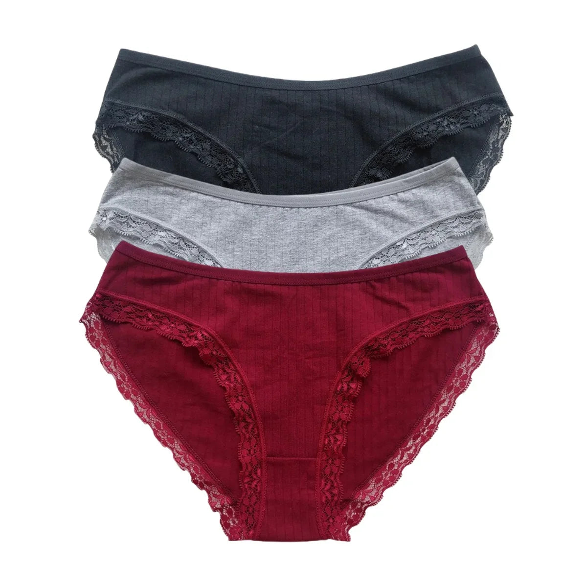 3Pcs/Set Cotton Panties Women Lace Trim Briefs Female Underpants Solid Color Soft Underwear Sexy Lingerie Intimates M-XL