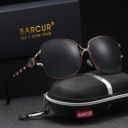BARCUR Women’s Polarized Sunglasses – Oversized Elliptical Black Frame UV400 Protection Outdoor Fashion Mirror Leg Design High Quality Trendy Style Sunglasses for Travel Driving &amp; Summer Apparel