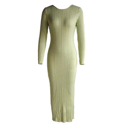 Women Spring Autumn Solid Color Bodycon Knit Dress Long Sleeve Crew Neck Ribbed Dress Slim Fit Long Dress