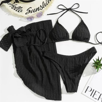 Three Piece Bikinis Sets 2026 String Halter Swimwear with Cover Up Sexy Swimsuit Women Beachwear Bathing Suit Black Mini Bikini