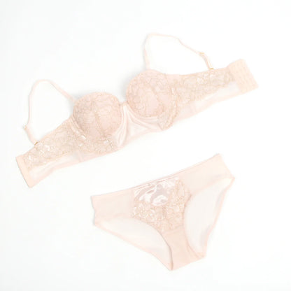 White Lace Bra Set for Women Push Up Mesh Chiffon Silk Like Underwire Adjustable Back Closure Bralette with Panties