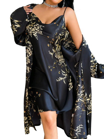 2 Piece Women Satin Pajama Set Cherry Print Elegant Sleepwear Long Sleeve Bathrobe Nightdress For All Season