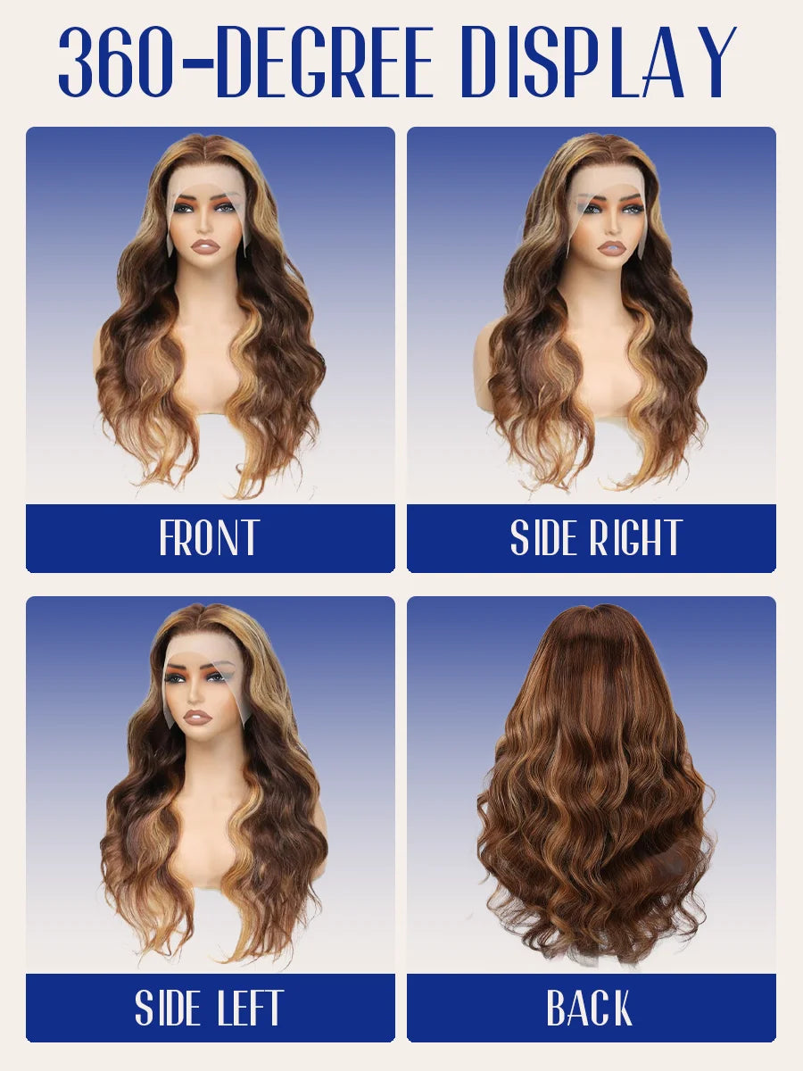 P4/27 Highlight Body Wave 40 Inch Long-length &amp; 200% High Density Human Hair Wigs HD Transparent Skin-melt Swiss Lace Frontal Wig
