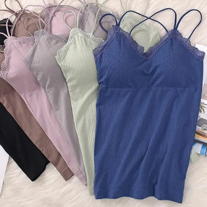 Women Vertical Rib Long Camisole With Crisscross Thin Straps Romantic Lace Trim V Neck Built-In Chest Pads Daily Inner Sling Top