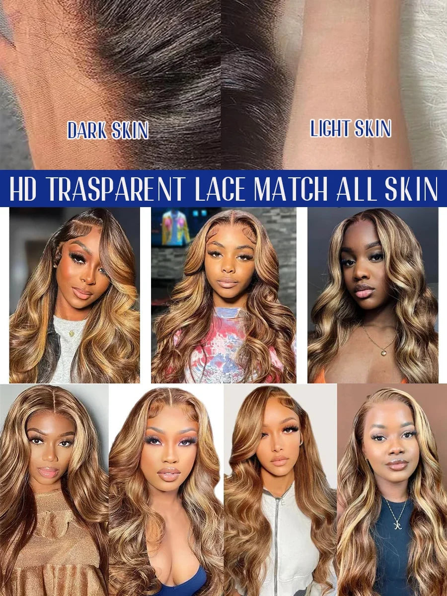 P4/27 Highlight Body Wave 40 Inch Long-length &amp; 200% High Density Human Hair Wigs HD Transparent Skin-melt Swiss Lace Frontal Wig