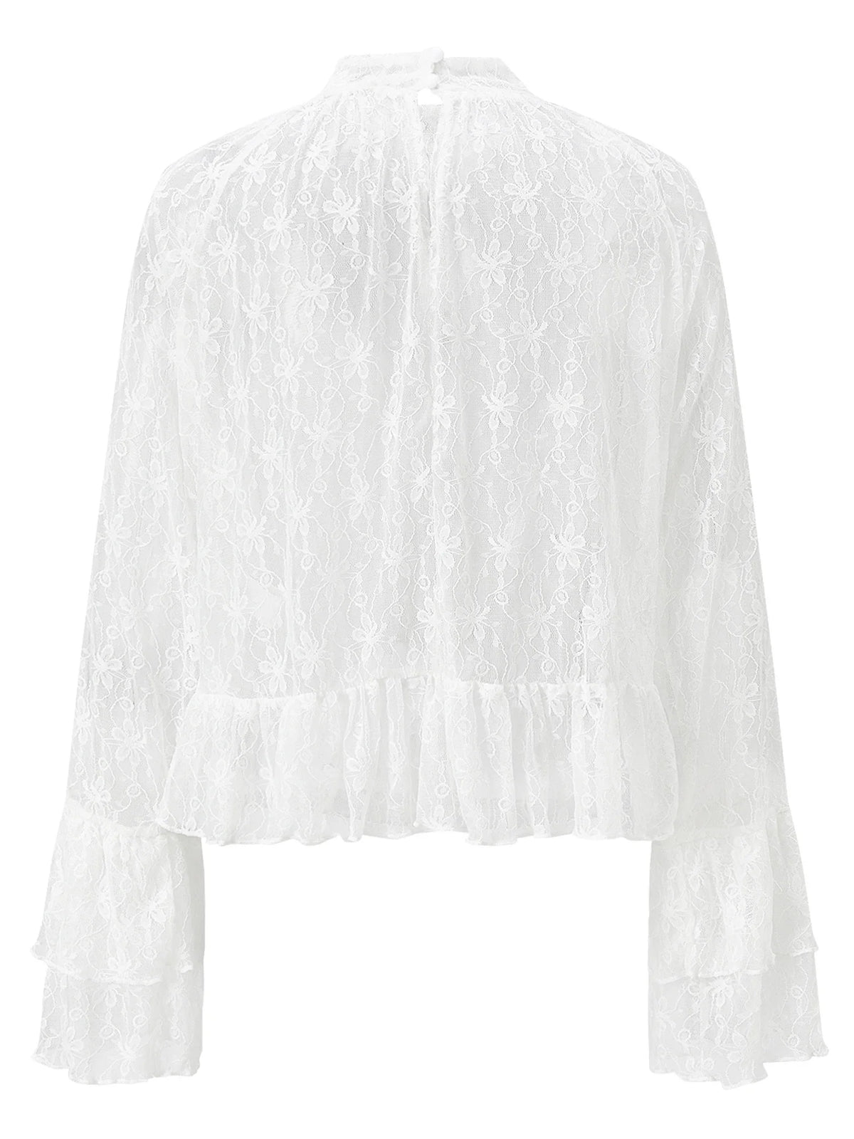 Womens Summer Sheer Shirts Flare Long Sleeve Mock Neck Lace Floral Tops Fashion Ruffled Peplum Hem Cropped T-shirts