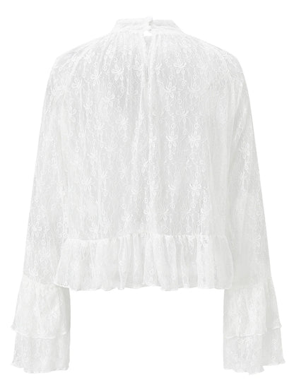 Womens Summer Sheer Shirts Flare Long Sleeve Mock Neck Lace Floral Tops Fashion Ruffled Peplum Hem Cropped T-shirts