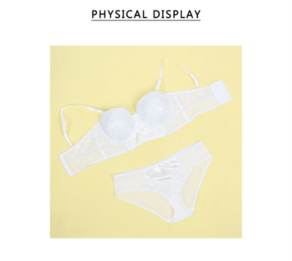 White Lace Bra Set for Women Push Up Mesh Chiffon Silk Like Underwire Adjustable Back Closure Bralette with Panties