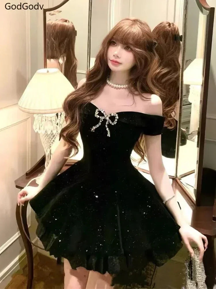 Black French Vintage Elegant Design Woman Dress Gothic Off Shoulder Retro Mini Dress Female Fairy Birthday Party Chic Outfits