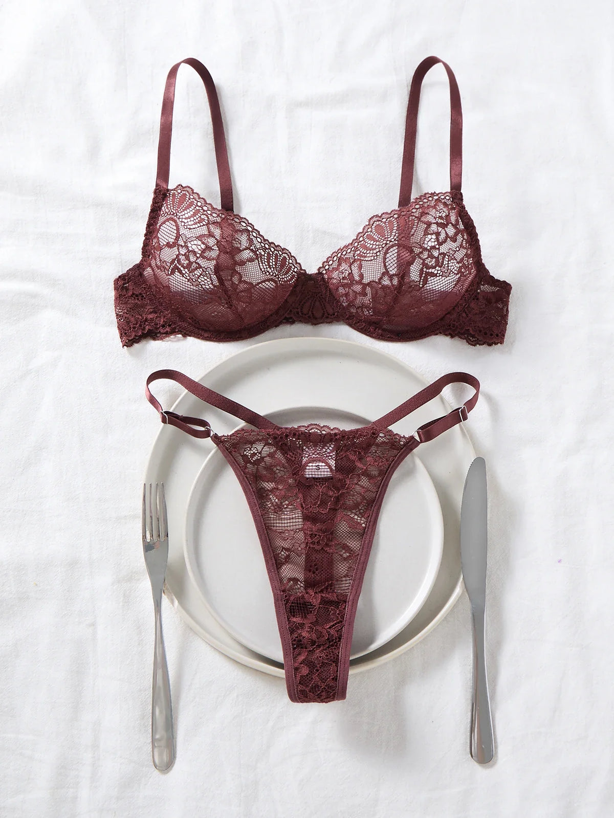 Deep Brown Lace Sexy Deep V Bra And G-string Transparent Hollow Design Women&
