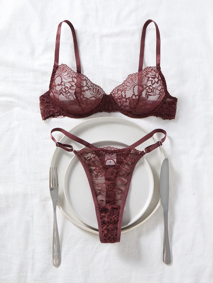 Deep Brown Lace Sexy Deep V Bra And G-string Transparent Hollow Design Women&