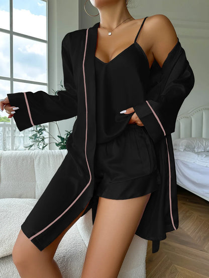 Simple Satin Elegant 3 Pcs Pajama Set For Women Long Sleeve Belted Robe V Neck Cami Top And Shorts Women&