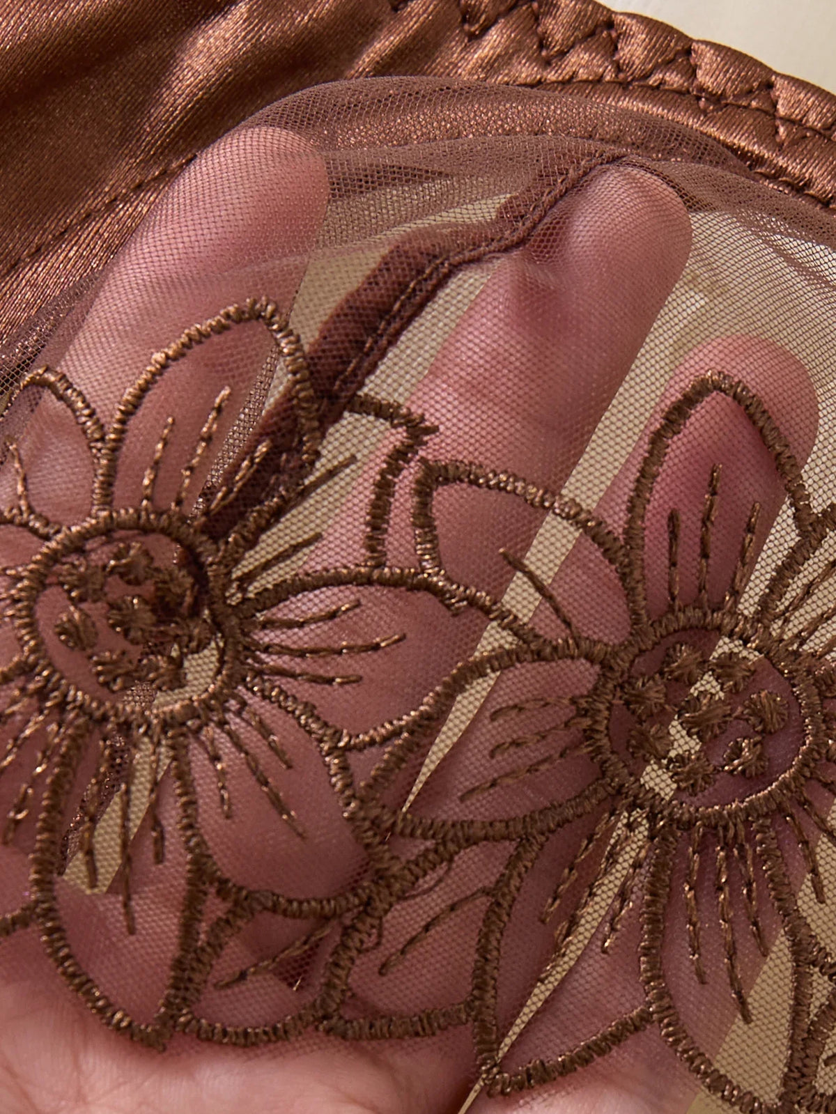 Coffee Brown Floral Embroidery Satin Mesh Lingerie Set Underwire Bra With Matching Thong Women Sexy Intimates ZA825126
