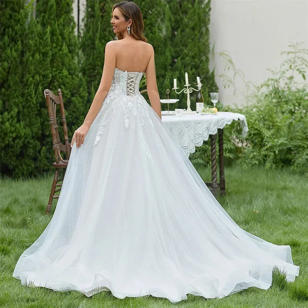 Popular Strapless V-neck 3D Flower Lace Applique A Line Wedding Dresses Sweep Train Custom Made 2025 Vestido De Noival