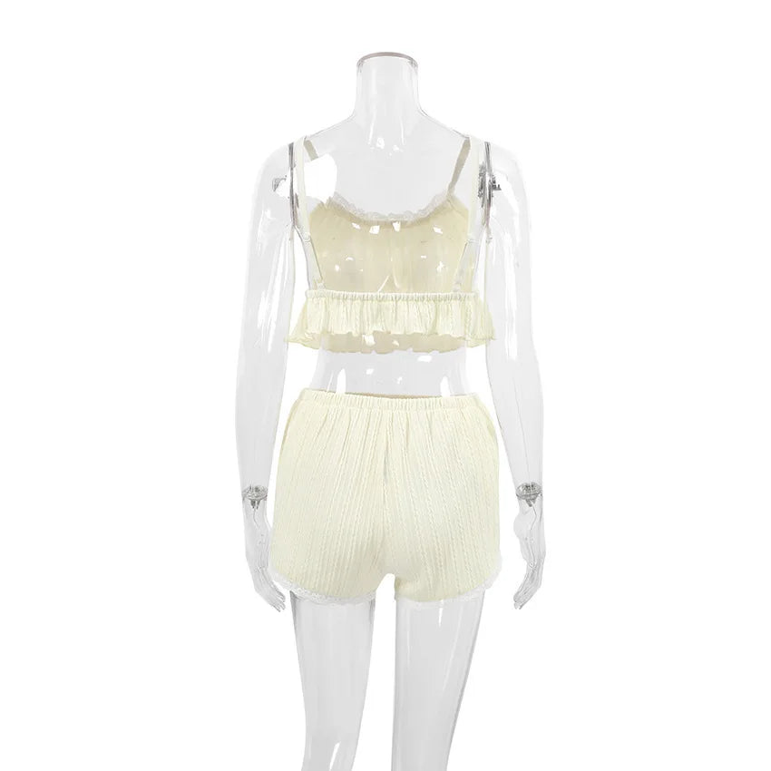Lace Trim Ruffle Hem U-Neck Strap Cable Textured Cami &amp; Casual Shorts Loungewear Summer Pajamas Set Women Sleepwear