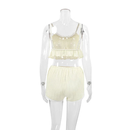 Lace Trim Ruffle Hem U-Neck Strap Cable Textured Cami &amp; Casual Shorts Loungewear Summer Pajamas Set Women Sleepwear