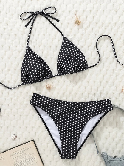New Dot Print Bikini Set Retro High Waisted Swimsuit Women Adjustable String Tie Two Piece Bathing Suit for Beach