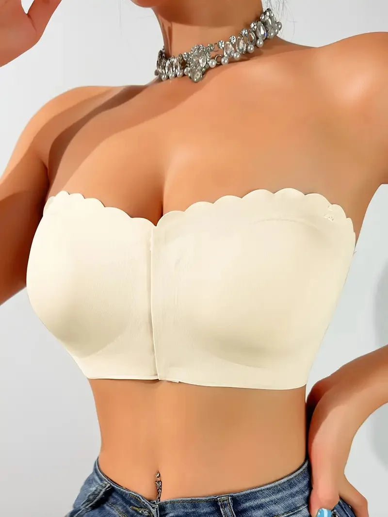 Solid Seamless Strapless Front Closure Wireless Strapless Bra, Sexy Comfy Push Up Bra, Women&