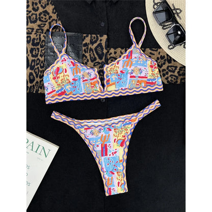 Sexy Printed V Shaped High Leg Cut Bikini Women Swimwear Female Swimsuit Two-Pieces Bikini Set Bather Bathing Suit Swim V4745