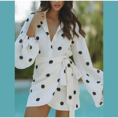 Casual White Polka Dot Print High Waist Mini Skirt Set Women Long Puff Sleeve Lapel Single Breast Lace-up Tops Set New Lady Wear