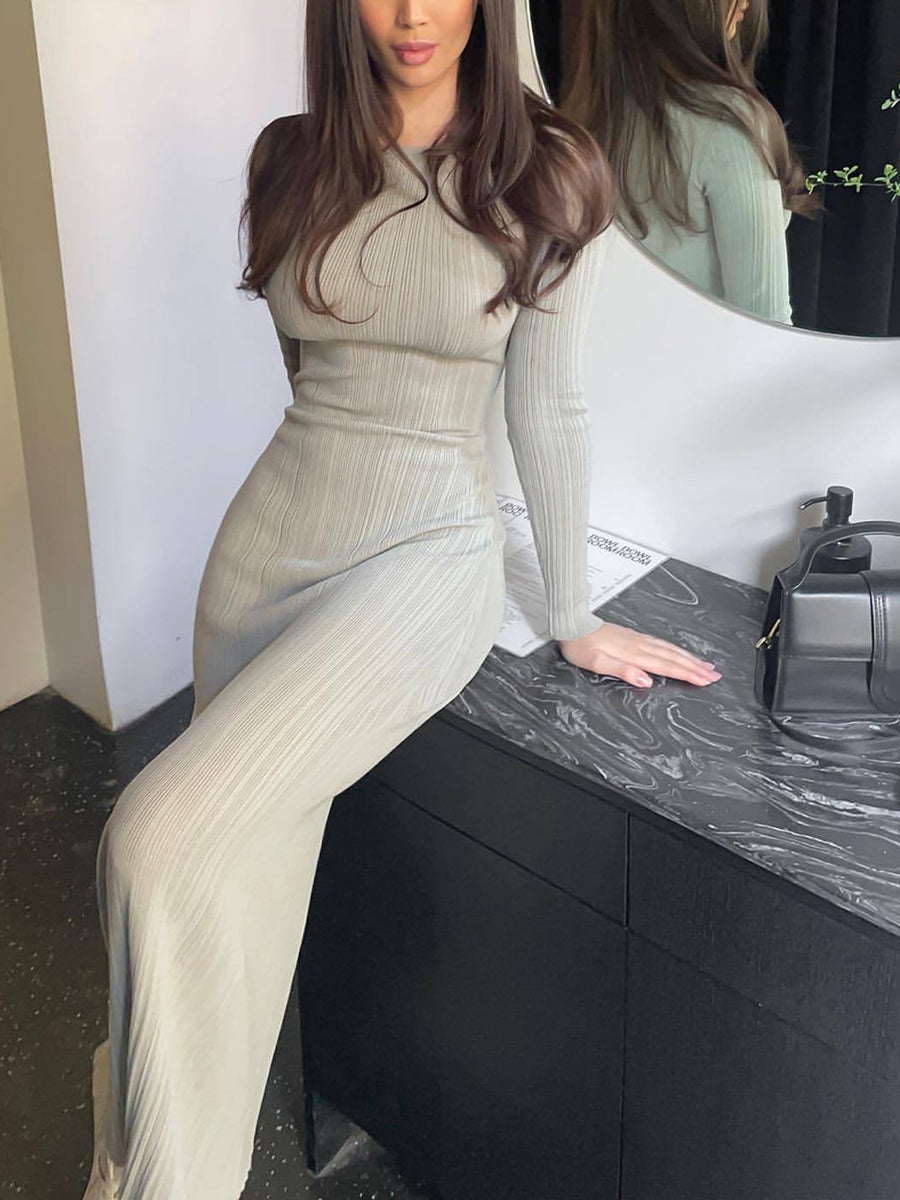 Women Spring Autumn Solid Color Bodycon Knit Dress Long Sleeve Crew Neck Ribbed Dress Slim Fit Long Dress