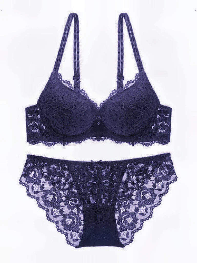 Hollow Lace Floral Sexy lingerie set Bow Padded Push Up women&