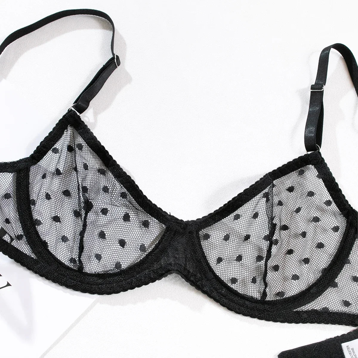 Black Ultra Thin See Through Mesh Sheer Bra and Thong Set Women Push Up Transparent Polka Dot Underwear Lingerie Set