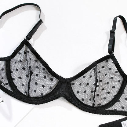 Black Ultra Thin See Through Mesh Sheer Bra and Thong Set Women Push Up Transparent Polka Dot Underwear Lingerie Set