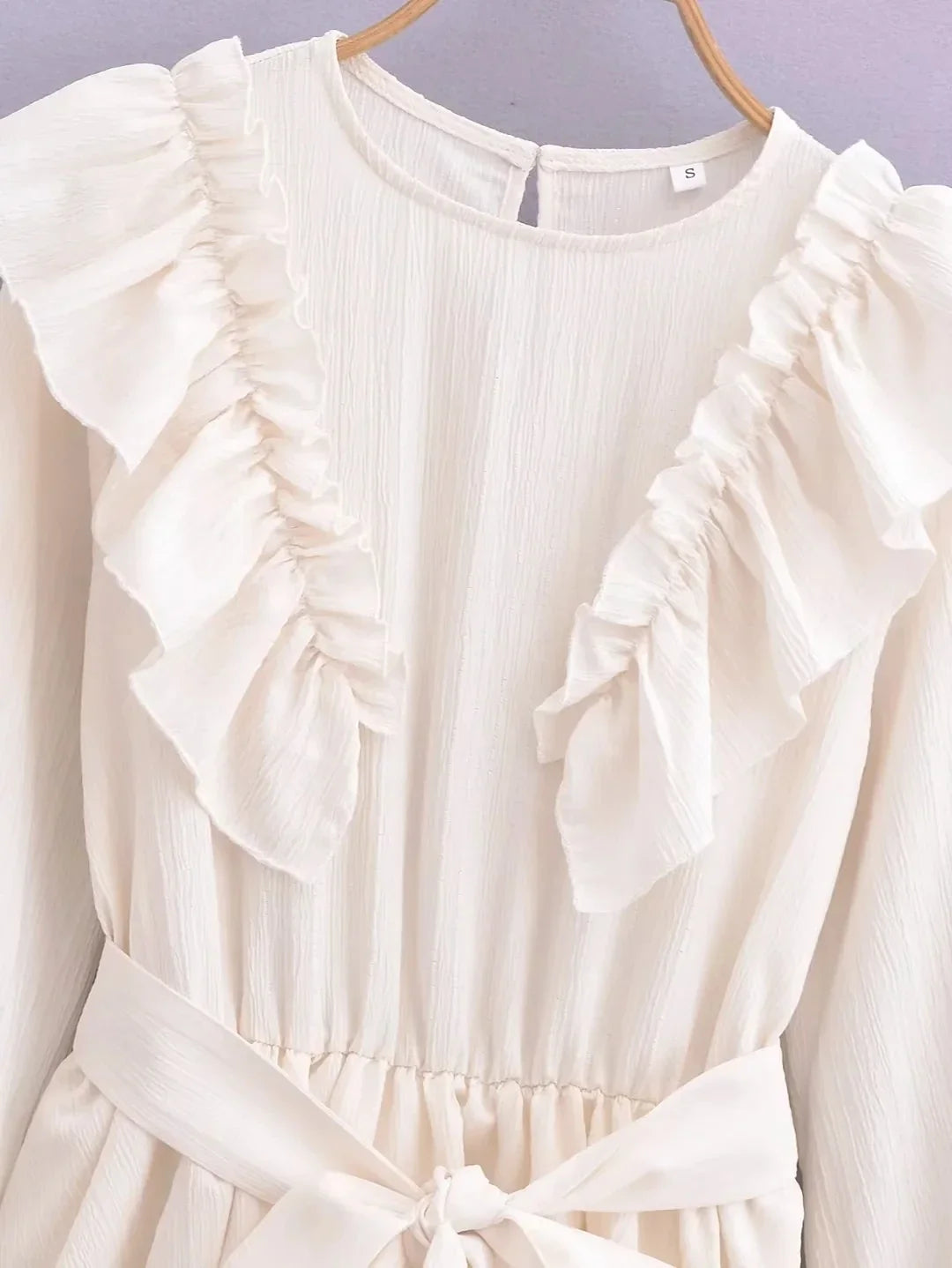 Foridol Ruffles Tierred Beige Lantern Sleeve Women&