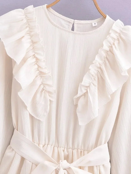 Foridol Ruffles Tierred Beige Lantern Sleeve Women&