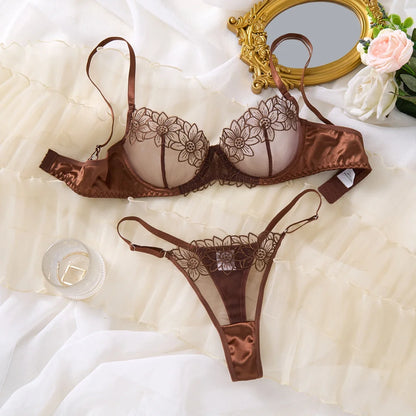 Coffee Brown Floral Embroidery Satin Mesh Lingerie Set Underwire Bra With Matching Thong Women Sexy Intimates ZA825126