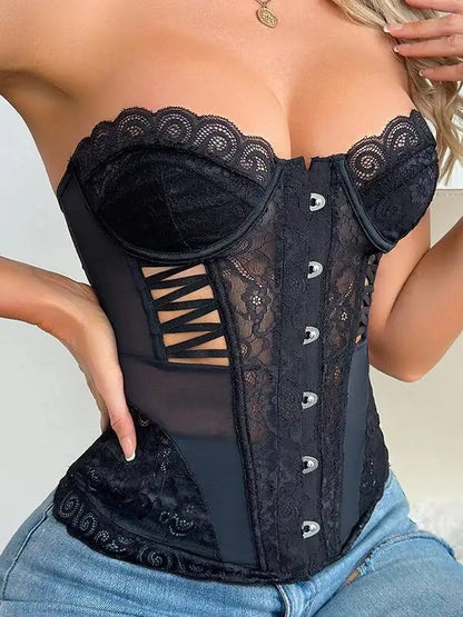 Strapless Black Lace Corset Top Sheer Mesh Button Front Bustier Blouse Women’s Stylish Evening Party Wear Fitted charming TLX4
