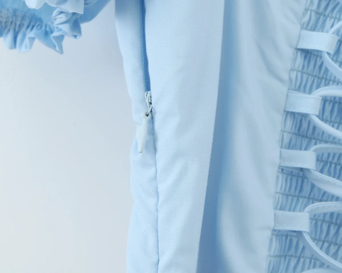 Bowknot Ruffles Light Blue Midi Dress Women&