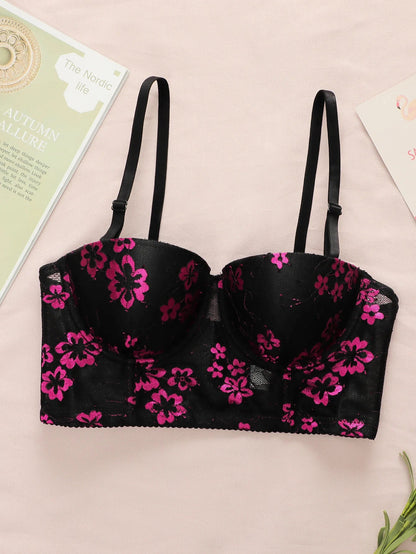 Chinese style new Chinese lace underwear floral bra half cup gathering pull up women&