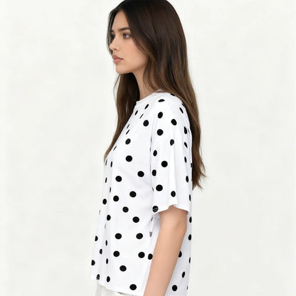 Women Dots Print T-shirs Crew Neck Short Sleeve Summer Loose Vintage Tops for Casual Daily