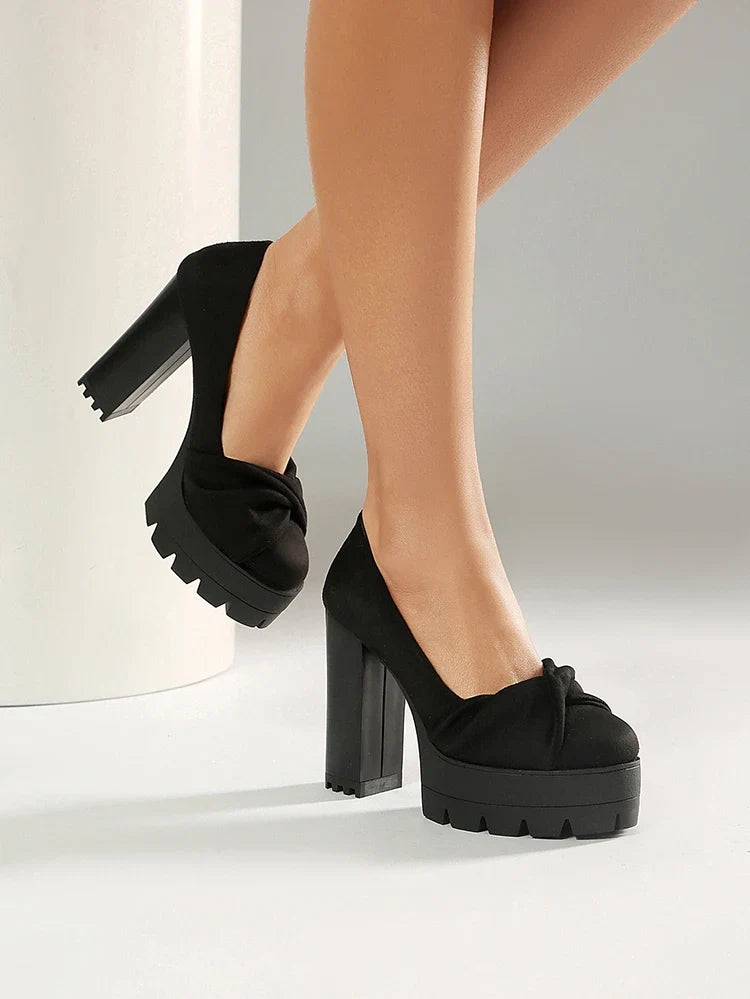 Plus Size Cross Soft PU Upper Platform Ultra Coarse Heel Shallow Breathable High Heels Office Women&