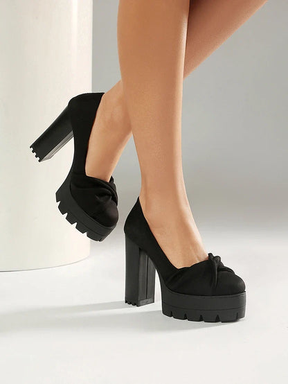 Plus Size Cross Soft PU Upper Platform Ultra Coarse Heel Shallow Breathable High Heels Office Women&