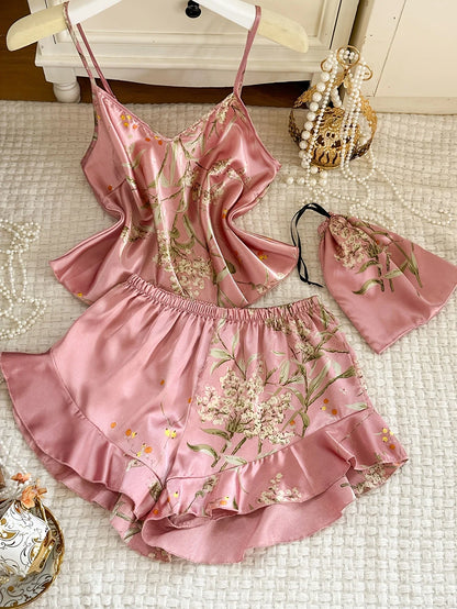 New Women Satin Pajama Set Cherry Print V Neck Top Ruffle Shorts Versatile Outfit Wearable Outside Elegant Sleepwear