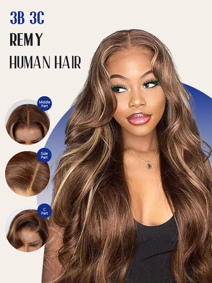 P4/27 Highlight Body Wave 40 Inch Long-length &amp; 200% High Density Human Hair Wigs HD Transparent Skin-melt Swiss Lace Frontal Wig