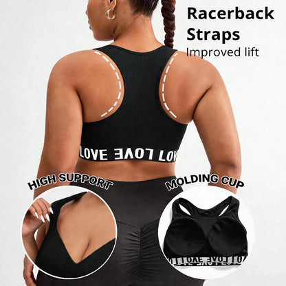 Plus Size Letter Print Racerback Sports Bra Wireless High Support Yoga Workout Crop Top