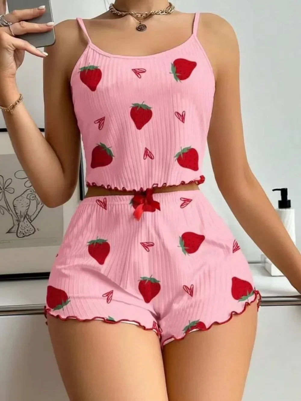 Camisole Strawberry Printing Casual Vest Tops and Shorts 2 Pieces Pajamas Set Women&