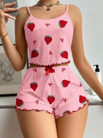 Camisole Strawberry Printing Casual Vest Tops and Shorts 2 Pieces Pajamas Set Women&