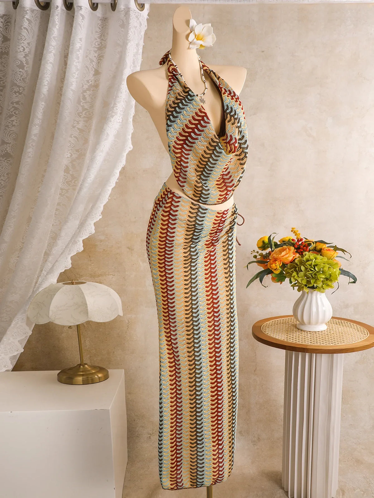 Sexy Coffee Striped Bikini Set 2026 Women Cover Up+Long Skirt 4 Piece Swimsuit Summer Bathing Suit Holiday Swimwear Biquini