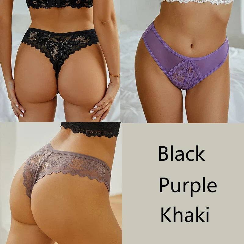 3-Piece Lace Thong Set for Women — Sexy Low-Rise G-String Panties