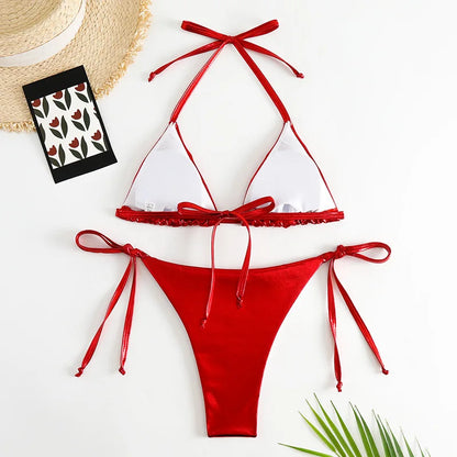 Sexy Gold Silver Red Strings Bikini 2024 Women Swimsuit Female Swimwear Thong Bikinis Set Brazilian Beach Bathing Suit Biquini