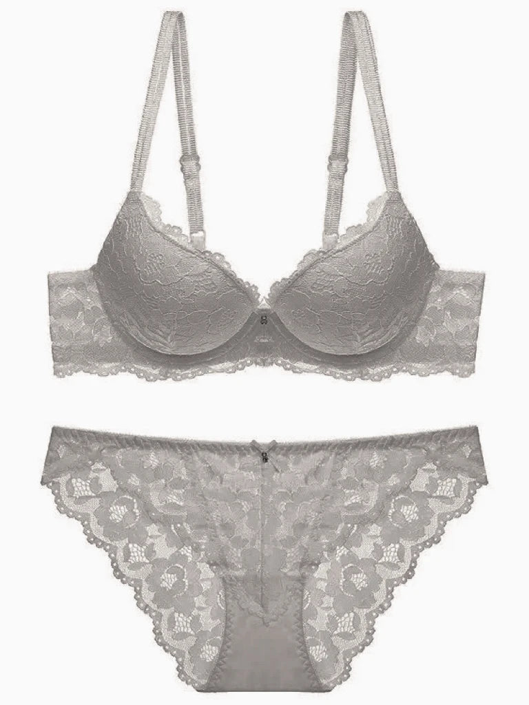 Hollow Lace Floral Sexy lingerie set Bow Padded Push Up women&
