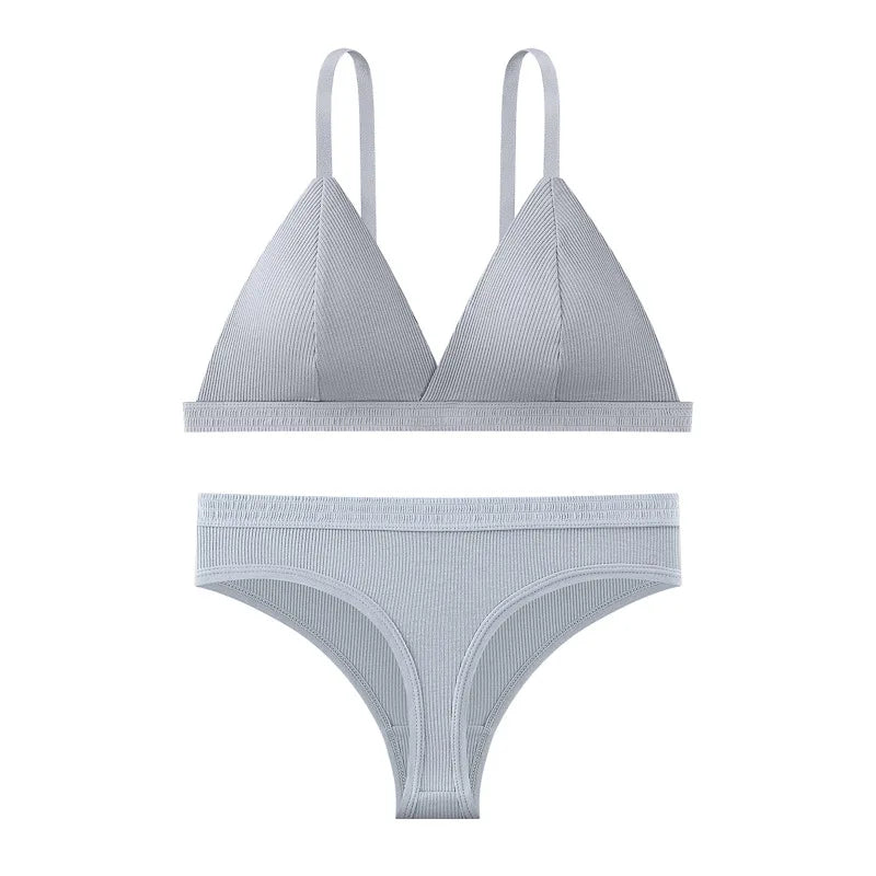 Women Cotton Bra and Panties Set Wireless Push-Up Bra Low-Waist Thongs G-string Sexy Lingerie Women&