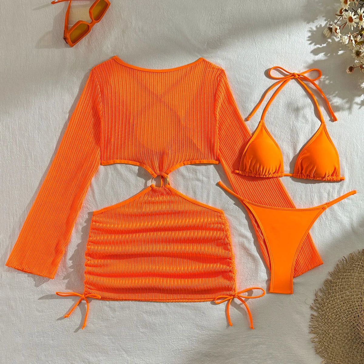 Women micro mini halter bikinis sets 3pcs with knitted long sleeve hollow out mini dress swimsuit bathing suit beach outfits